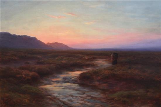 Joseph Farquharson (1846-1935) Traveller in a landscape at sunset 20 x 30in.